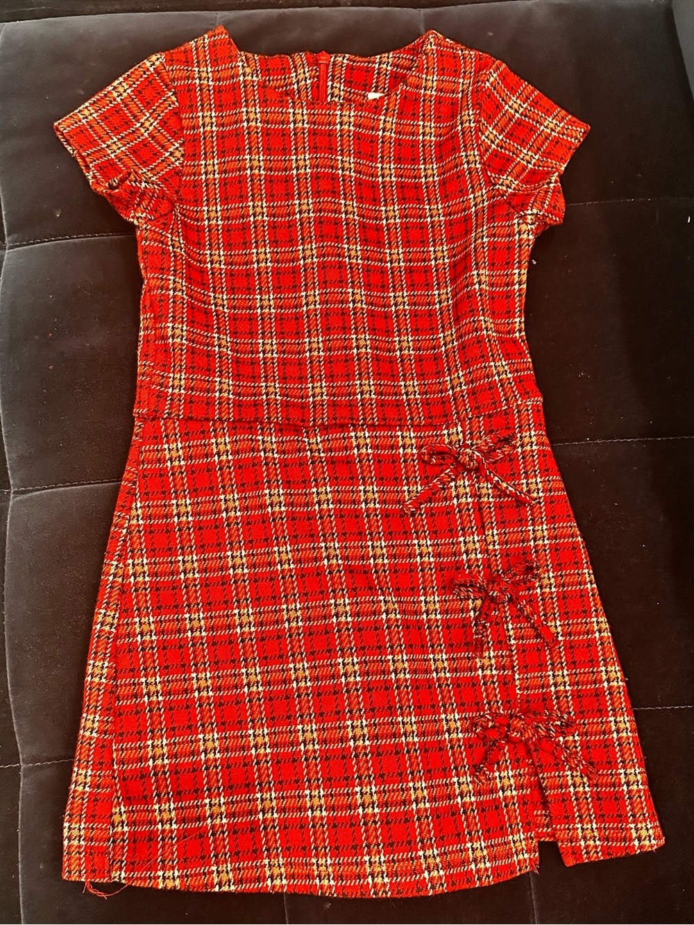 Zara Red Plaid Short-Sleeve Dress with Side Bow Accents